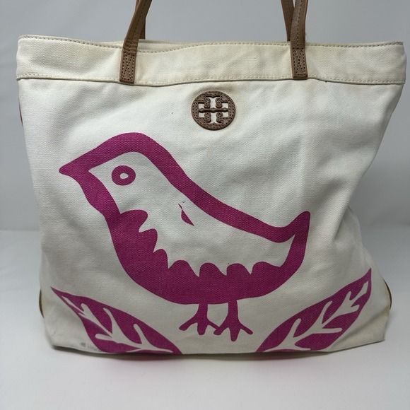Tory Burch Handbags - 👜💕 Tory Burch Large Tote Off-White Canvas Vibrant Pink Lorenzo Bird Motif Bag